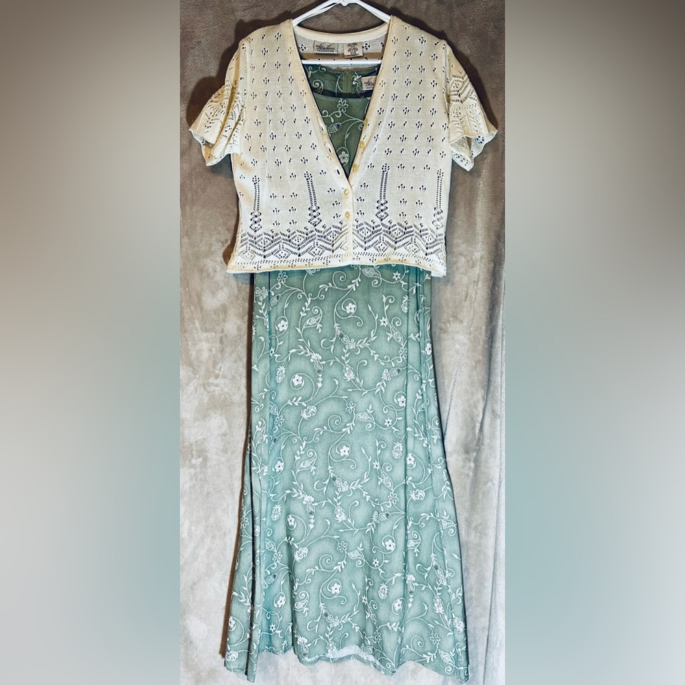 Kathy Lee Collection 2-Piece Sage Green Dress & Crochet Cardigan Set | Size 12